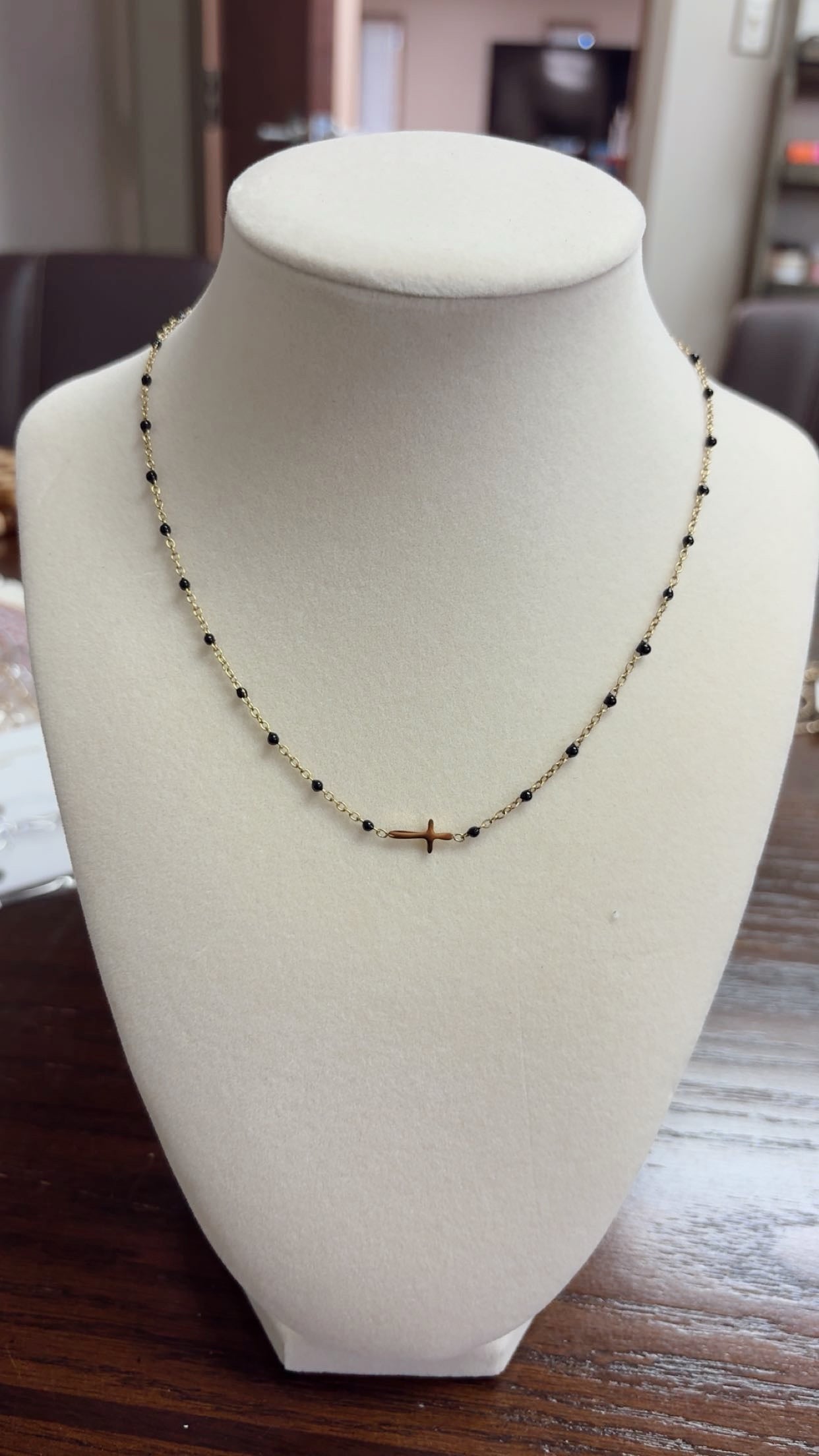 Black Beaded Cross Necklace