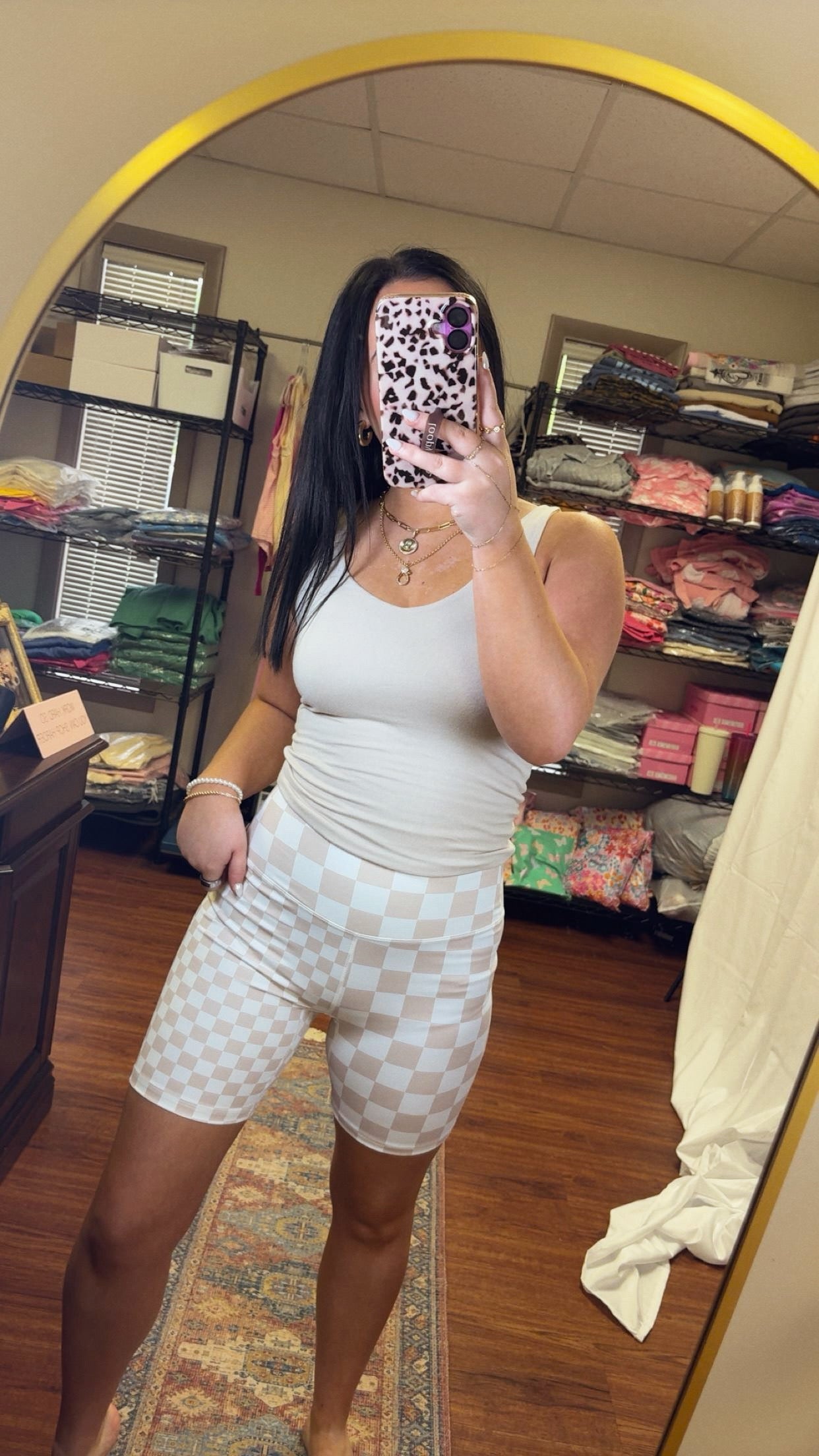 Weekend Fun Biker Shorts- Tan Checker