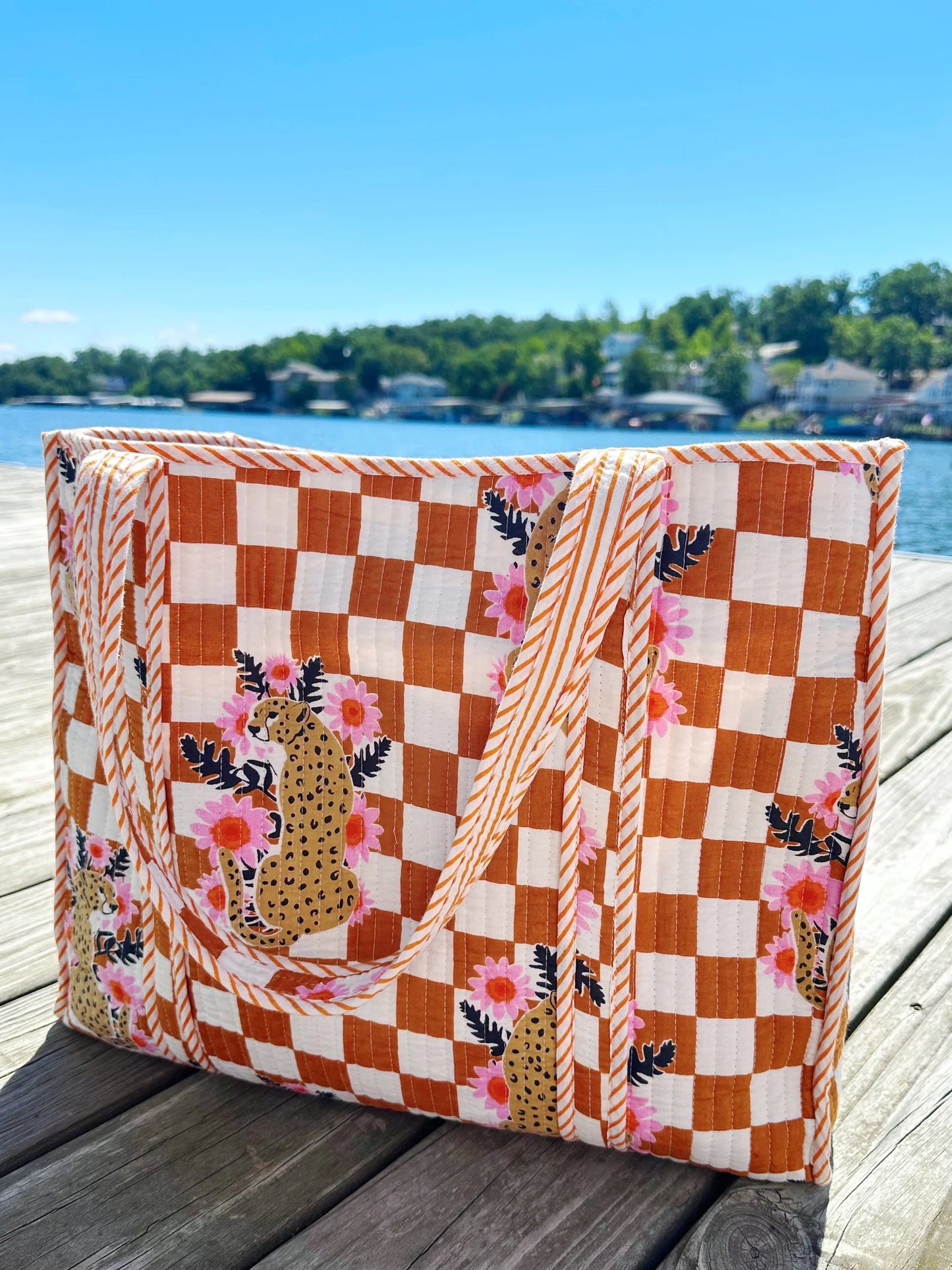Hand Quilted Oversized Tote Bag- Clay Checker