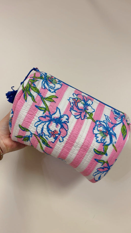 Hand Quilted Cosmetic Bag - Pink Stripe Floral
