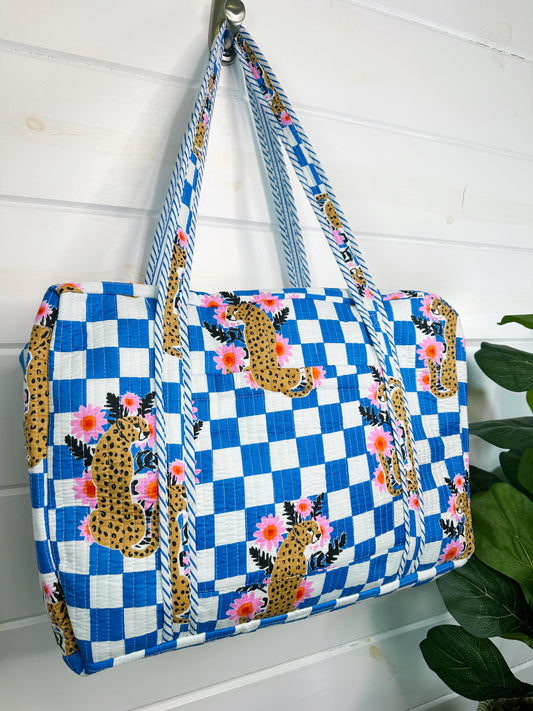 Hand Quilted Overnight Bag- Blue Checker