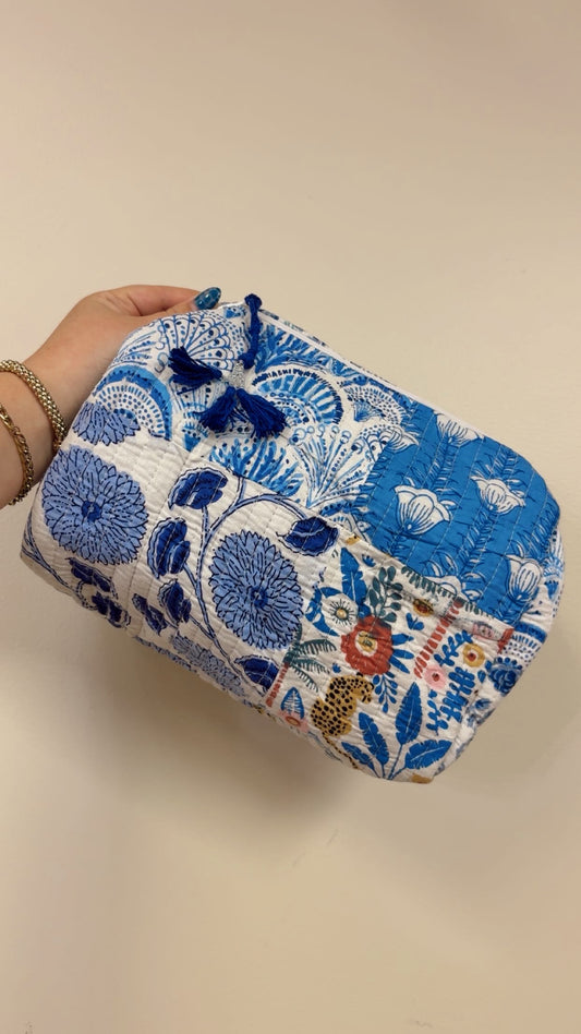 Hand Quilted Cosmetic Bag - Blue Patchwork