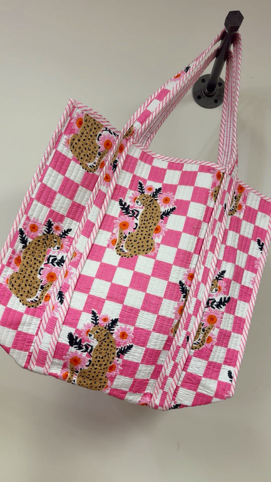 Hand Quilted Tote Bag - Pink Checker