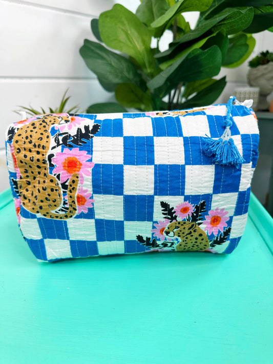 Hand Quilted Cosmetic Bag- Blue Checker