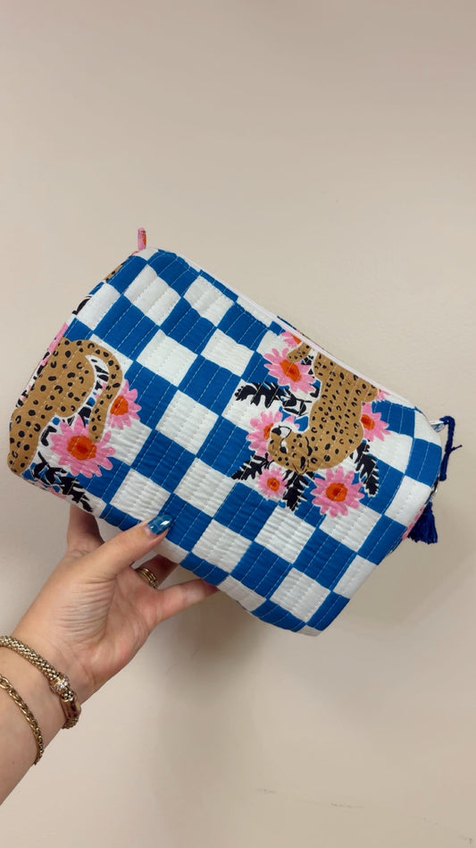 Hand Quilted Cosmetic Bag - Blue Checker