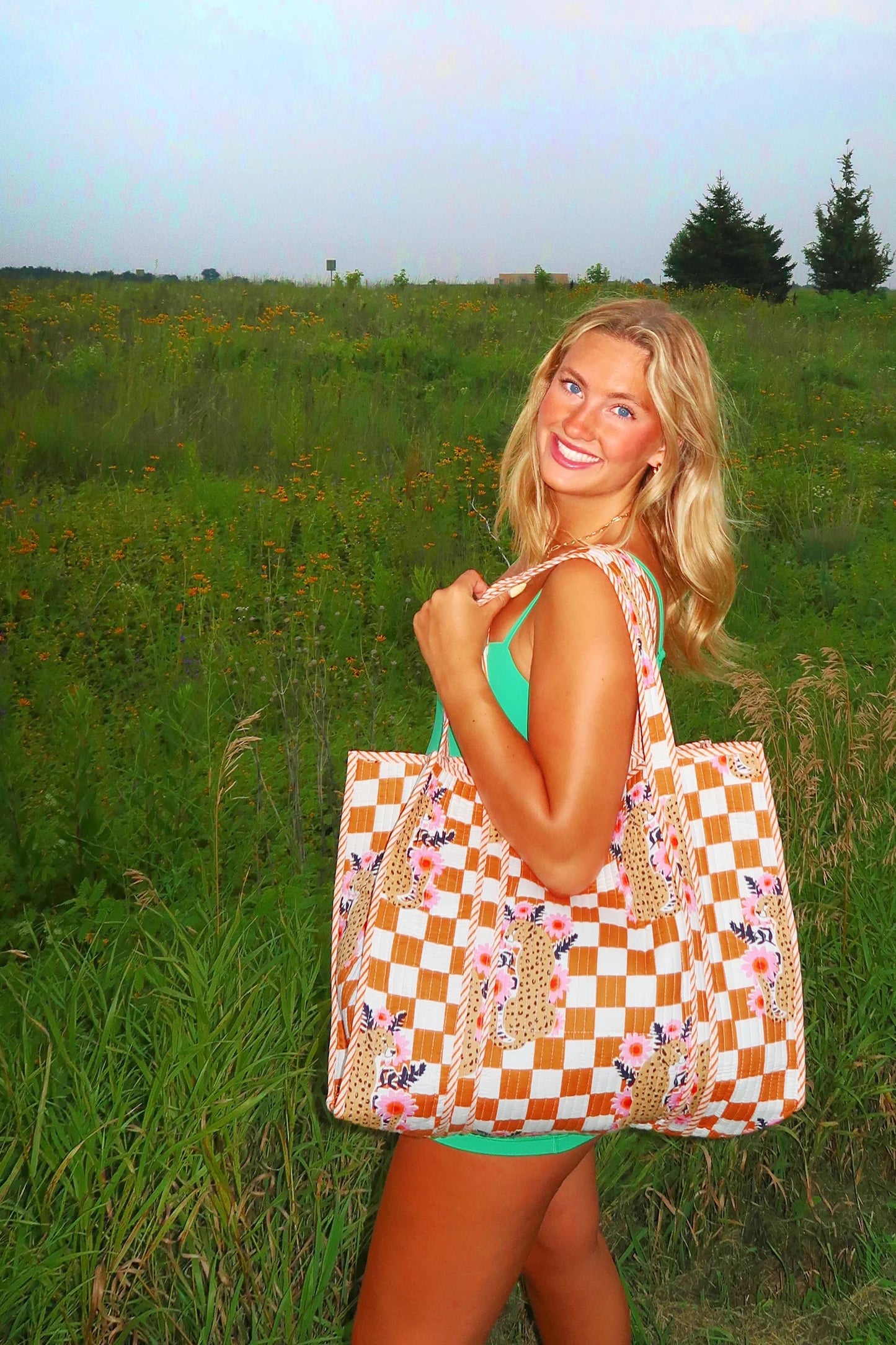 Hand Quilted Oversized Tote Bag- Clay Checker