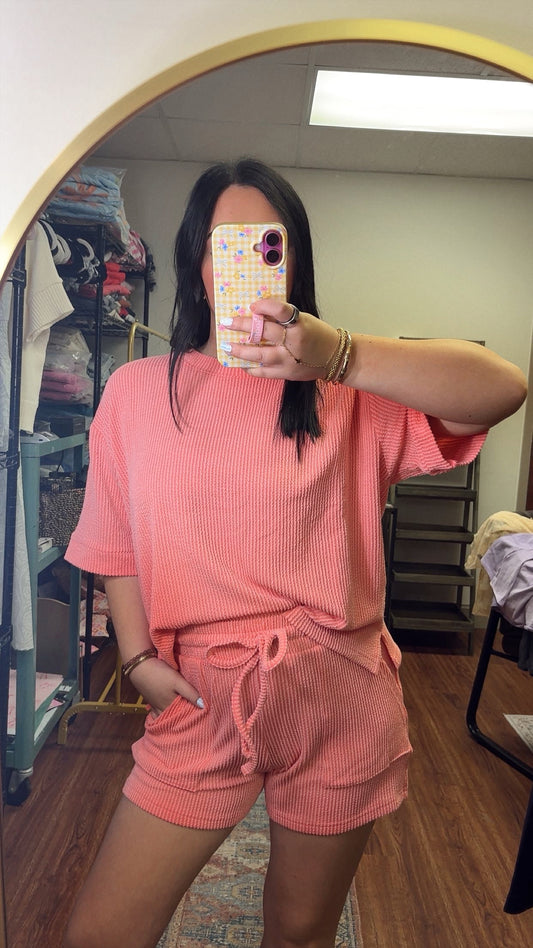 Hot Shot Ribbed Short Sleeve Set- Coral
