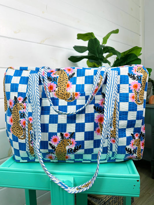 Hand Quilted Overnight Bag- Blue Checker