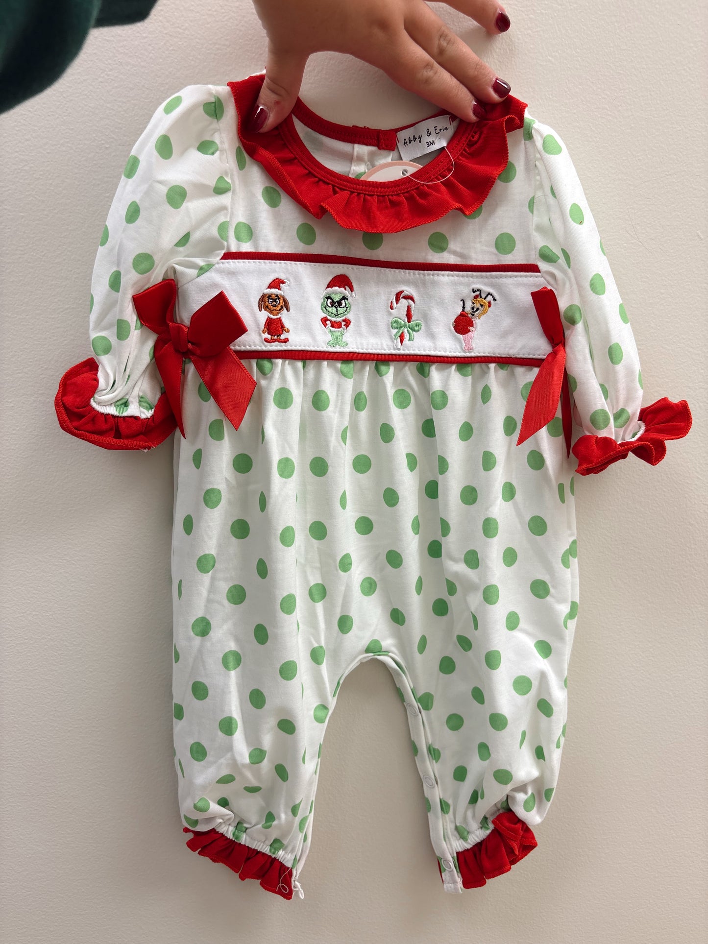 Grinch Embroidery Ruffle Romper