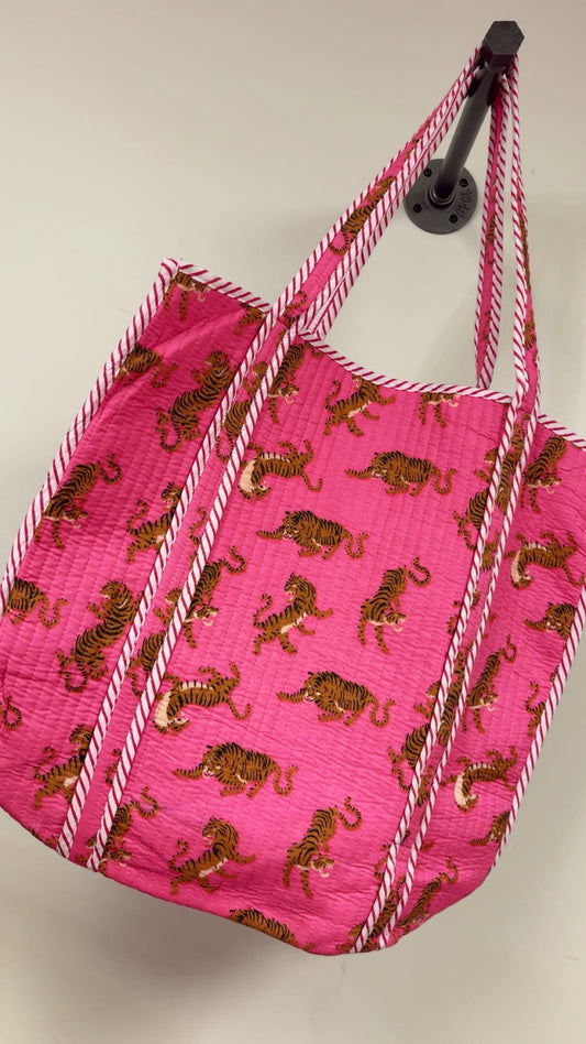 Hand Quilted Tote Bag - Pink Leopards