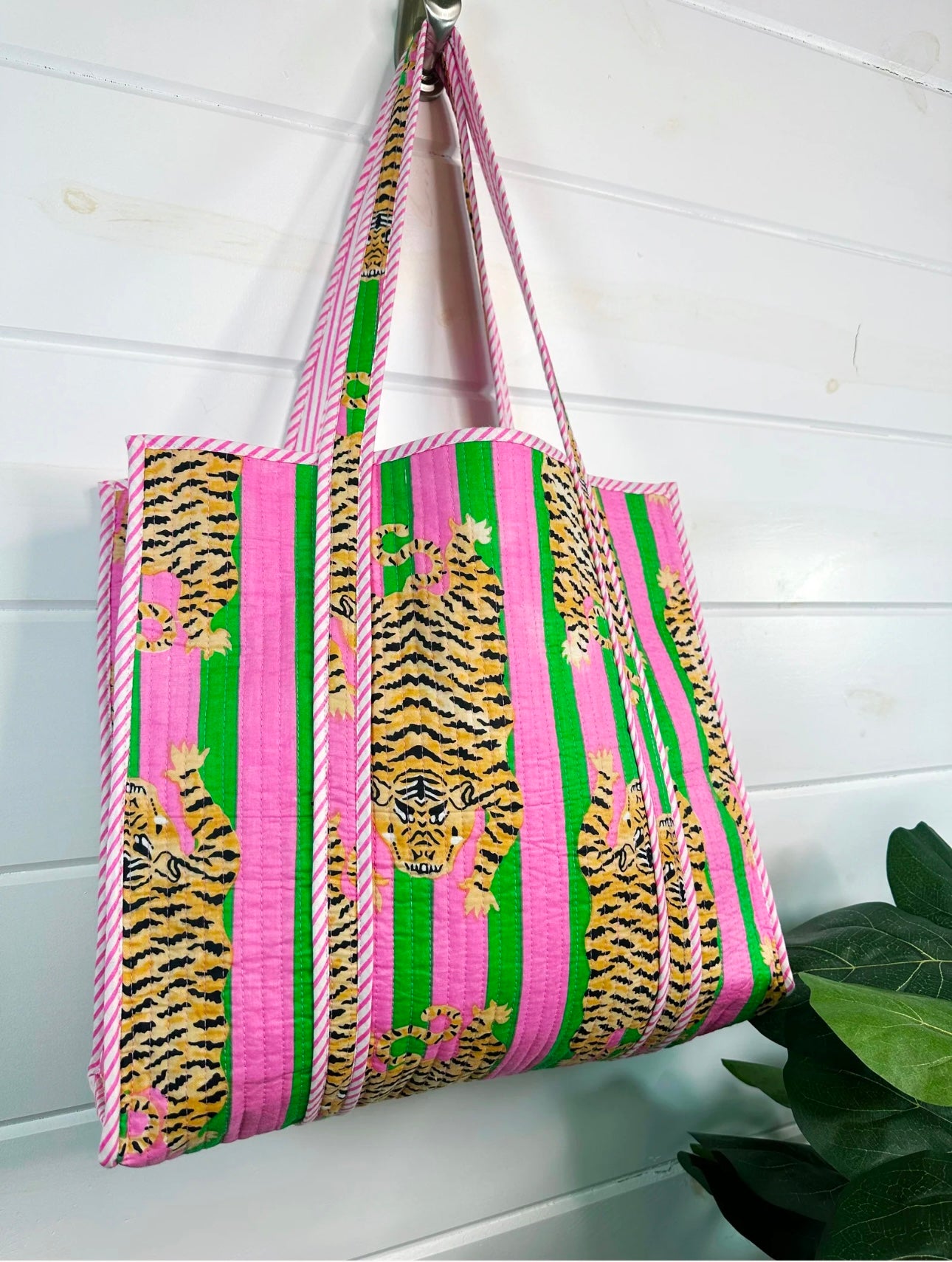 Hand Quilted Oversized Tote Bag- Pink & Green