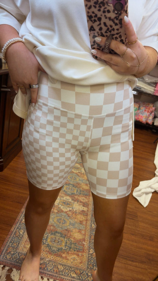 Weekend Fun Biker Shorts- Tan Checker